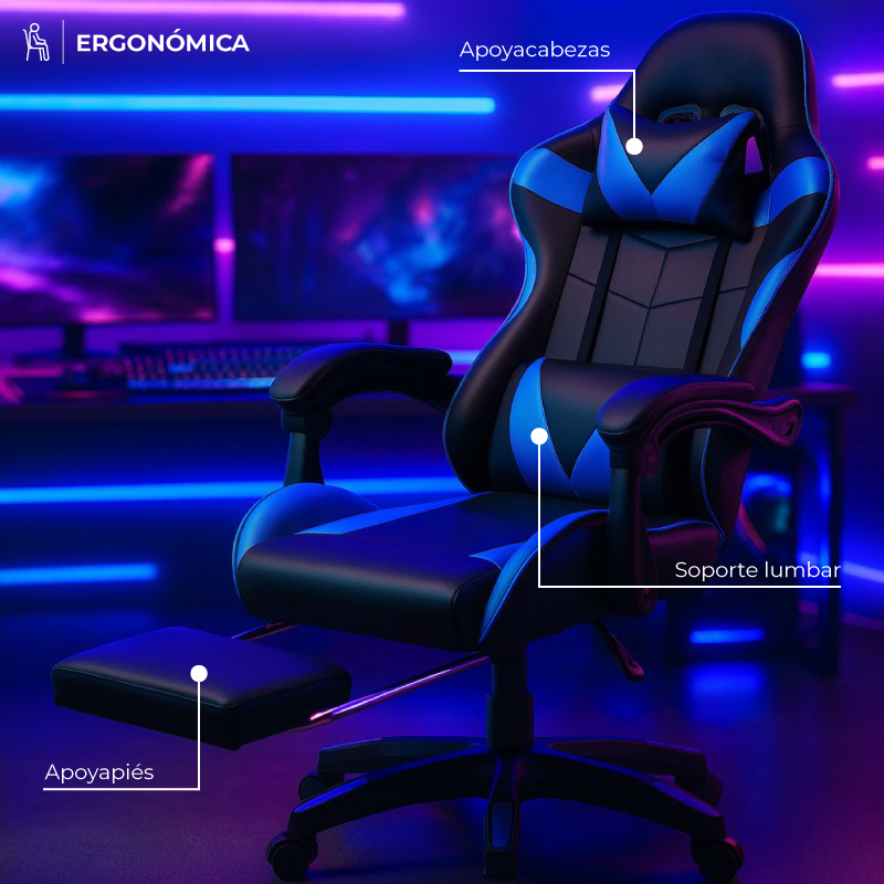 Silla Gamer Ergonomica con Apoya-pies – Azul - Imagen 4